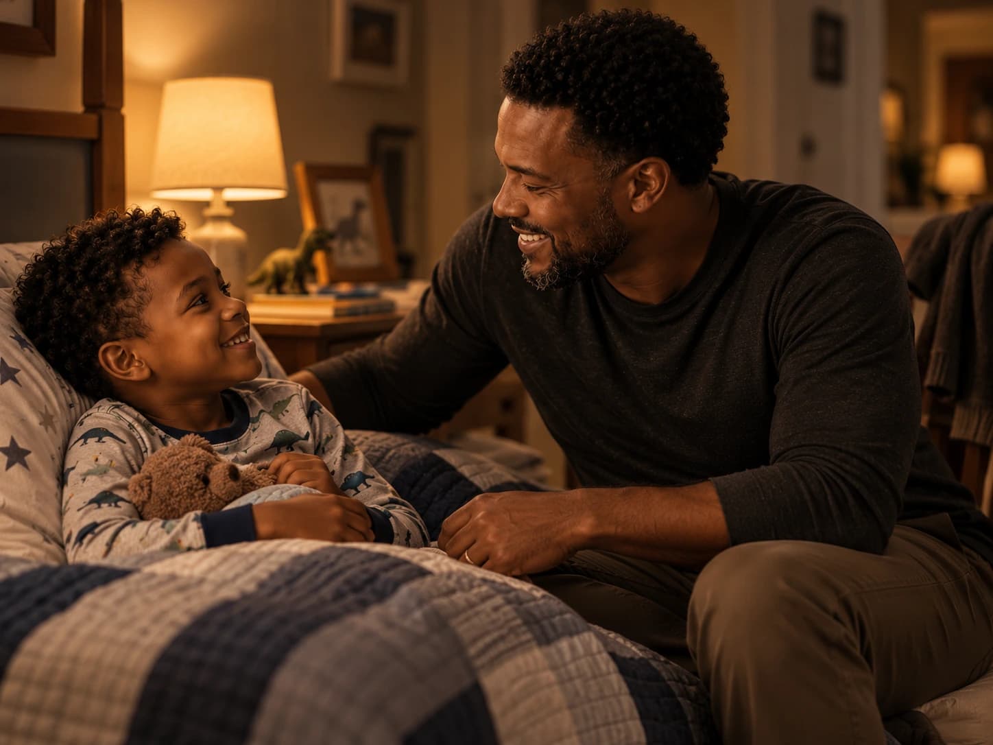 A father sitting on the edge of the bed at bedtime, talking with his son who is tucked in and smiling up at him.