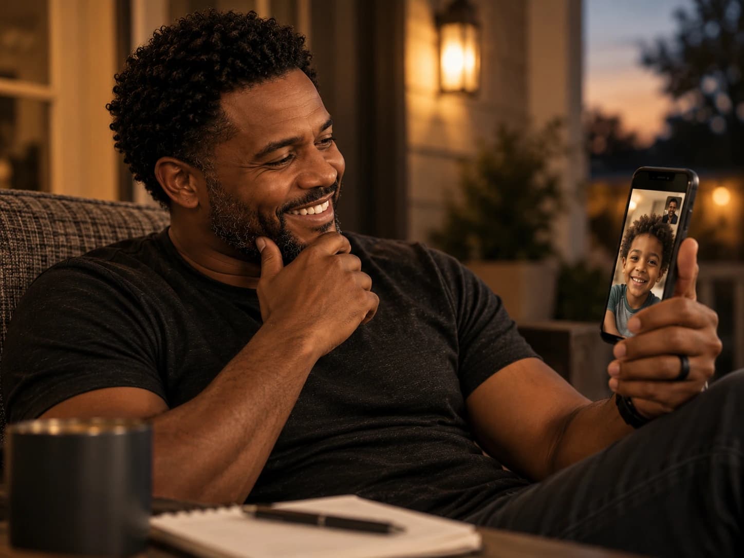 A father on the couch in the evening, laughing at his phone where his son is grinning on a video call.