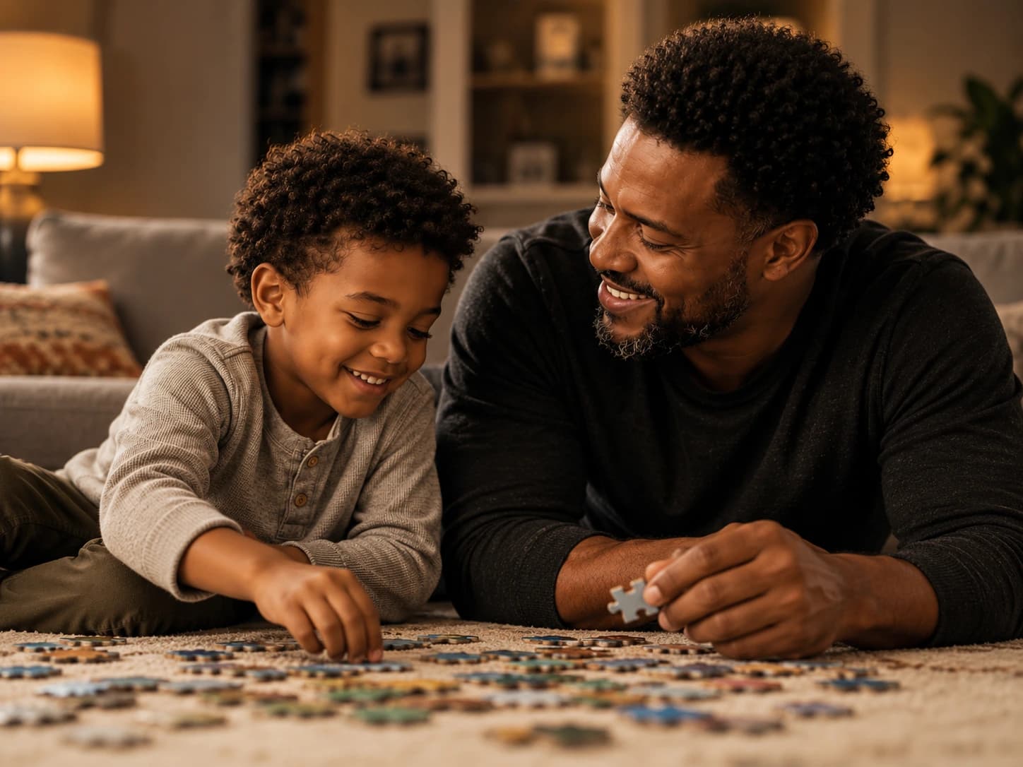A father and his son lying on the living-room rug together, working through a jigsaw puzzle in lamplight.