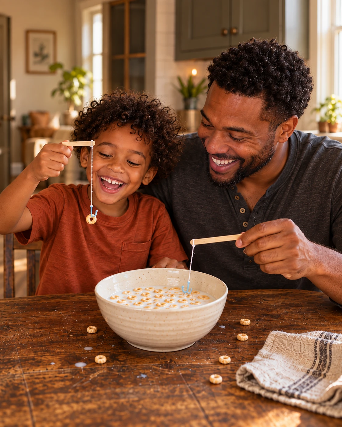A father and his young son laughing at the kitchen table, fishing cereal out of a bowl with lolly sticks and string.